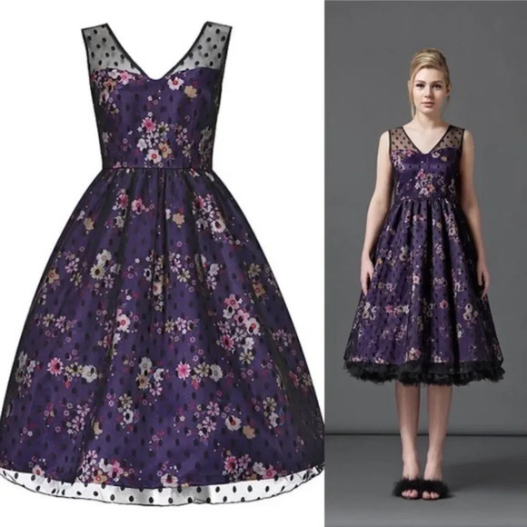 LINDY BOP Aliza A-Line Dress Size 10 Purple Floral Polka Dot - Picture 1 of 7